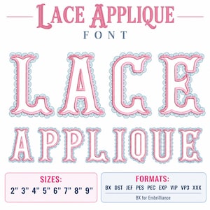 Puede incluir: Diseño de bordado digital titulado LACE APPLIQUE FONT con las palabras LACE APPLIQUE en letras rosas con bordes de encaje festoneado azul claro. Incluye tamaños de 2, 3, 4, 5, 6, 7, 8, 9 pulgadas y formatos BX, DST, JEF, PES, PEC, EXP, VIP, VP3, XXX.