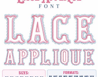 May include: Digital embroidery design titled LACE APPLIQUE FONT featuring the words LACE APPLIQUE in pink letters with light blue scalloped lace-style borders. Includes sizes 2, 3, 4, 5, 6, 7, 8, and 9 inches and file formats BX, DST, JEF, PES, PEC, EXP, VIP, VP3, and XXX.