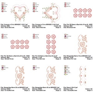 May include: A set of embroidery designs featuring hearts, flowers, and floral borders. The designs are in shades of pink, peach, and beige. The designs are available in various sizes, including 12x11 cm, 14x13 cm, 18 cm, 26 cm, and 30 cm.