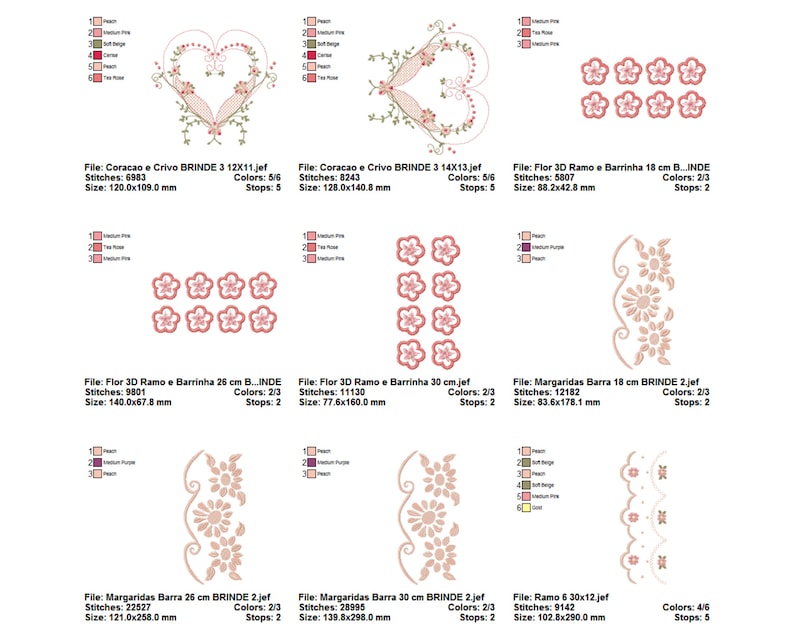 May include: A set of embroidery designs featuring hearts, flowers, and floral borders. The designs are in shades of pink, peach, and beige. The designs are available in various sizes, including 12x11 cm, 14x13 cm, 18 cm, 26 cm, and 30 cm.