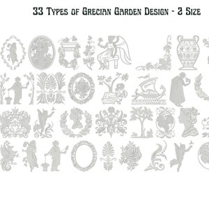 May include: A set of 33 black and white Grecian garden design embroidery patterns. The patterns include various floral, geometric, and figurative designs.