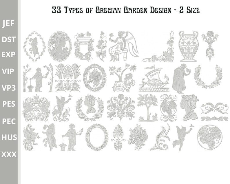 May include: A set of 33 black and white Grecian garden design embroidery patterns. The patterns include various floral, geometric, and figurative designs.