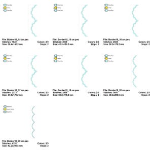 May include: A collection of machine embroidery designs featuring a scalloped border in shades of blue and yellow. Each design is labeled with file names, stitch counts, and dimensions in millimeters, such as 39.4x140.2 mm.