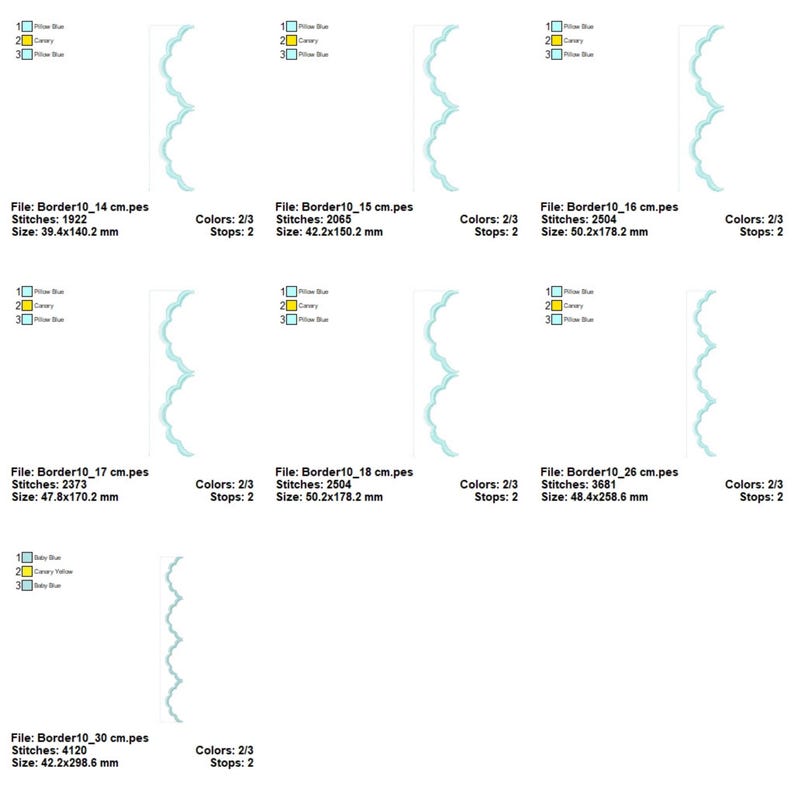 May include: A collection of machine embroidery designs featuring a scalloped border in shades of blue and yellow. Each design is labeled with file names, stitch counts, and dimensions in millimeters, such as 39.4x140.2 mm.