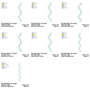 May include: A collection of machine embroidery border designs in various sizes. Each design features a scalloped edge with blue, yellow, and tan colors. The designs are labeled with file names and dimensions in millimeters.