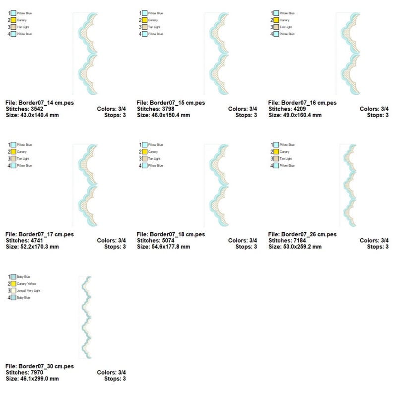 May include: A collection of machine embroidery border designs in various sizes. Each design features a scalloped edge with blue, yellow, and tan colors. The designs are labeled with file names and dimensions in millimeters.