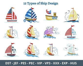 Ship Embroidery Design - Machine Embroidery Pattern - 12 Types - Instant Download