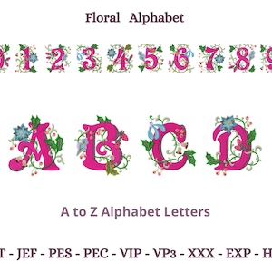 Floral Alphabet & Numbers Embroidery Design - Font -Machine Embroidery Pattern - Instant Download