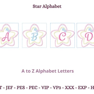 May include: A to Z alphabet letters in pink, blue, and yellow star shapes with a small star in the centre of each star. The text "Star Alphabet" is at the top of the image and the text "A to Z Alphabet Letters" is below the stars. The text "DST - JEF - PES - PEC - VIP - VP3 - XXX - EXP - HUS" is at the bottom of the image.