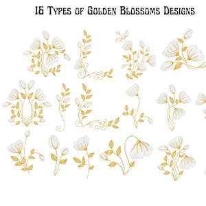 Puede incluir: 16 diseños de bordado con flores blancas con tallos y hojas doradas. Los diseños están etiquetados como "Golden Blossoms Designs".