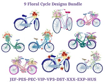 9 Floral Bicycle Embroidery Designs - Instant Download