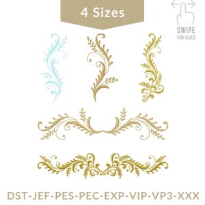 May include: An image showcasing four sizes of decorative embroidery designs. The designs include floral and scroll patterns in gold and light blue. The text "4 Sizes" and "SWIPE FOR SIZES" are also visible.