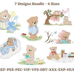 Cute Teddy Embroidery Designs - 4 Sizes - Instant Download