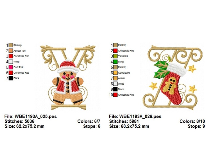 May include: Embroidered Christmas letter V with a gingerbread man in a red and white suit. The letter is gold with a decorative scroll design. The image includes a color chart with 7 colors.