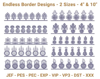 May include: A digital design image showing several endless border patterns in a muted purple hue. The designs feature floral and leaf motifs, with the text "Endless Border Designs - 2 Sizes - 10.16cm & 25.4cm" at the top. File formats are listed below.