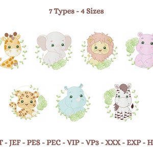 Może przedstawiać: Kolekcja siedmiu uroczych wzorów zwierząt z kreskówek, w tym żyrafa, słoń, lew, hipopotam, lampart, zebra i kolejny hipopotam. Każde zwierzę otoczone jest zielonym wieńcem z liści. U góry znajduje się tekst "7 Types - 4 Sizes".