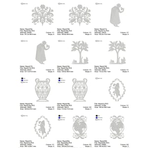 May include: A set of 10 embroidery designs featuring various motifs, including a vase, a tree, a person, and a floral design. The designs are in a gray color scheme and are perfect for adding a touch of elegance to any project.