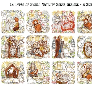 May include: Twelve different embroidery designs of a nativity scene. The designs feature a variety of styles, including traditional, modern, and whimsical. Each design is available in two sizes.