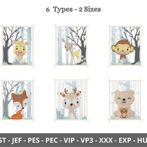 Woodland animal - giraffe, deer, monkey, fox, deer, bear within a stylized forest scene -  Machine Embroidery Design - 2 Sizes