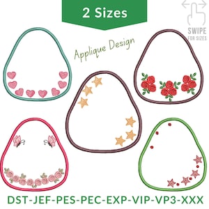 Puede incluir: Diseños de apliques bordados en forma de lágrima, con corazones, estrellas, rosas y mariposas. El texto "2 Sizes" y "Applique Design" también es visible.