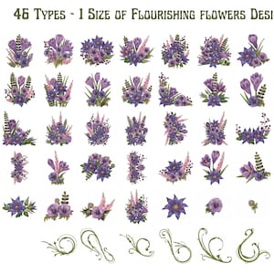 May include: 46 embroidery designs of purple and green flourishing flowers in various arrangements. The designs are labeled with file types: JEF, DST, EXP, VIP, VP3, PES, PEC, HUS, and XXX.