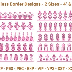 Endless Border Embroidery Design Set - 2 Sizes 4&quot; & 10&quot; - Floral Pattern Machine Embroidery - Multiple File Formats