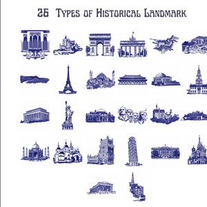 Peut inclure: Illustration en bleu et blanc de 26 types de monuments historiques. Le texte en haut indique "26 Types de monuments historiques". Les monuments incluent la Tour Eiffel, la Statue de la Liberté et la Tour de Pise.