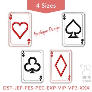 May include: Four playing card designs featuring the Ace of Hearts, Spades, Clubs, and Diamonds. Each card has a white background with a red or black suit symbol. The text "4 Sizes" and "Applique Design" are visible.