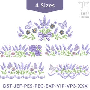 Può includere: Ricami di lavanda e farfalle in vari stili. I disegni includono rametti di lavanda, farfalle, fiocchi ed elementi floreali in tonalità di viola, verde e grigio. Il testo "4 Sizes" è in alto.