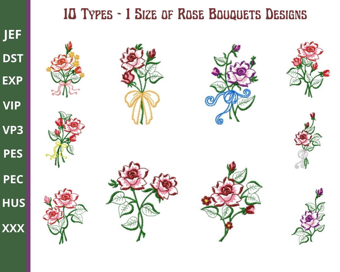 Bouquets Rose Embroidery Design - Machine Embroidery Pattern - 10 Types ...