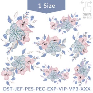 May include: Embroidered floral designs in pastel colors. The image features multiple floral arrangements with blue, pink, and white thread. The text "1 Size" is at the top, and "SWIPE FOR SIZES" is in the upper right corner.