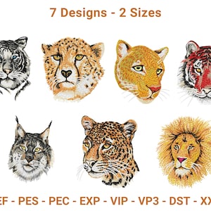 Op de afbeelding: Geborduurde ontwerpen met zeven verschillende gezichten van grote katten, waaronder een tijger, cheeta, leeuw en lynx. De tekst bovenaan luidt "7 Designs - 2 Sizes". De onderkant van de afbeelding geeft bestandsformaten weer.