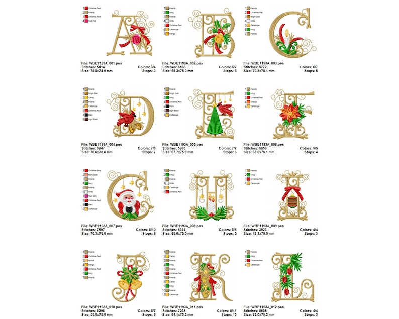 May include: A set of 12 embroidered Christmas alphabet letters in gold with red, green, and white accents. Each letter features a different festive design, including a cardinal, a Christmas tree, Santa Claus, and a candle.
