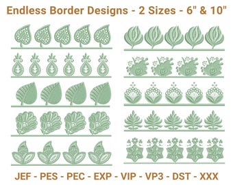 May include: A selection of green embroidery border designs featuring floral and leaf motifs. The text reads "Endless Border Designs - 2 Sizes - 15cm & 25cm". Available in various file formats. The designs are displayed in rows.