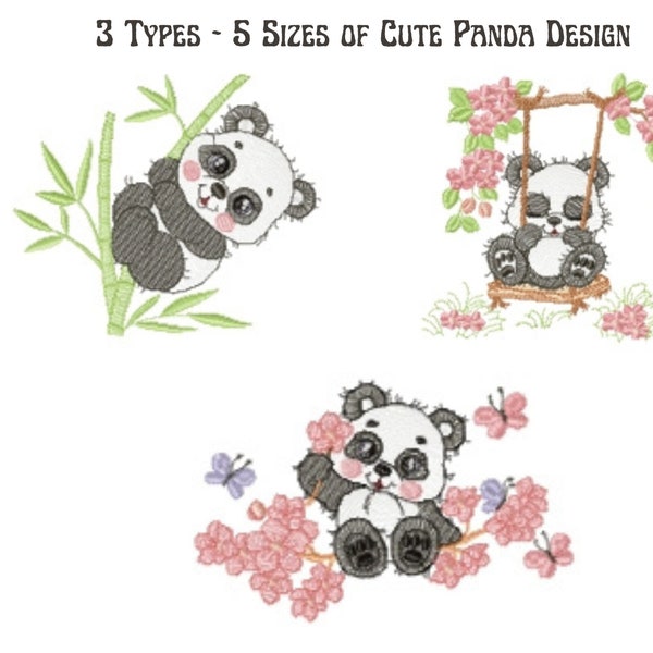 Cute Panda Embroidery Design - Machine Embroidery Pattern - 3 Types - Instant Download