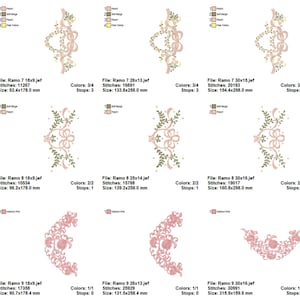 May include: A set of six embroidery designs featuring floral motifs with pink, green, and beige colours. The designs are available in various sizes, ranging from 18x9 to 30x16 inches.