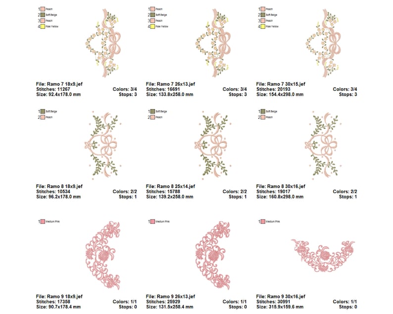 May include: A set of six embroidery designs featuring floral motifs with pink, green, and beige colours. The designs are available in various sizes, ranging from 18x9 to 30x16 inches.
