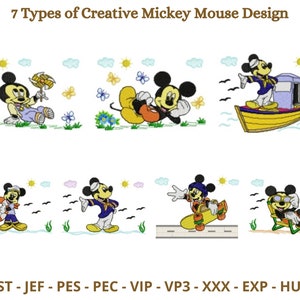 May include: Seven different embroidery designs featuring Mickey Mouse in various poses and settings. The designs include Mickey Mouse holding a flower, Mickey Mouse lying on his back, Mickey Mouse sailing in a boat, Mickey Mouse holding a life preserver, Mickey Mouse wearing a sailor outfit, Mickey Mouse skateboarding, and Mickey Mouse relaxing in a beach chair.