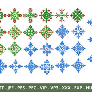 花と雪の結晶の刺繍デザインコレクション、冬のフェスティバルの刺繍パターン、24 パターン、即時ダウンロード