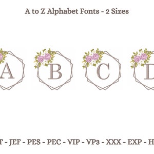 May include: A to Z Alphabet Fonts - 2 Sizes.  Embroidery designs featuring letters A, B, C, and D in a geometric frame with floral accents.  The designs are available in DST, JEF, PES, PEC, VIP, VP3, XXX, EXP, and HUS formats.