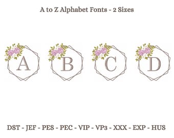 Floral Alphabet Stickerei, Hochzeitskonzept Schriftdesign im Blumenrahmen Maschinenstickerei, 2 Größen, sofort download