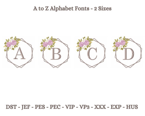 Floral Alphabet Embroidery Design , Wedding Concept Font design in Floral frame Machine Embroidery Design, 2 Sizes, Instant download