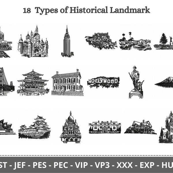 Historical Landmark Embroidery Design - Machine Embroidery Pattern - 18 Types - Instant Download
