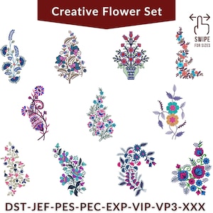 May include: A collection of colorful floral designs in various styles. The designs feature a range of colors, including blue, pink, purple, and green. The text "Creative Flower Set" is at the top. The bottom of the image includes the text "DST-JEF-PES-PEC-EXP-VIP-VP3-XXX".