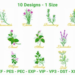 Herb Embroidery Designs - 10 Botanical Herb Patterns - 1 Size - Machine Embroidery Files