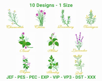 Puede incluir: Un conjunto de 10 diseños de bordado que representan diferentes hierbas, incluyendo manzanilla, cebollino, romero, estragón, albahaca, menta, lavanda, tomillo, perejil y eneldo. Los diseños son de varios colores, incluyendo verde, blanco, morado y amarillo. Los diseños son perfectos para proyectos de bordado como toallas de cocina, toallas de té y manteles.