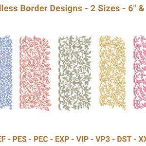 Puede incluir: Cinco diseños de bordes bordados en varios colores, incluyendo azul, coral, verde, dorado y rosa. Cada diseño presenta un patrón repetitivo de hojas y vides. El texto "Endless Border Designs - 2 Sizes - 6" & 10"" está en la parte superior.