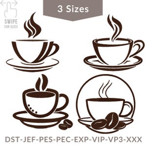 Könnte beinhalten: Vier braune Strichzeichnungen von Kaffeetassen mit Dampf, auf Untertassen. Ein Design enthält Kaffeebohnen. Der Text oben lautet "3 Sizes". Der Text "SWIPE FOR SIZES" ist ebenfalls vorhanden.