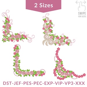 May include: Four embroidery designs featuring pink roses, green leaves, and delicate swirls. The designs are in corner arrangements, with one featuring a bow. The text "2 Sizes" and "SWIPE FOR SIZES" are visible. The bottom of the image displays embroidery file formats.