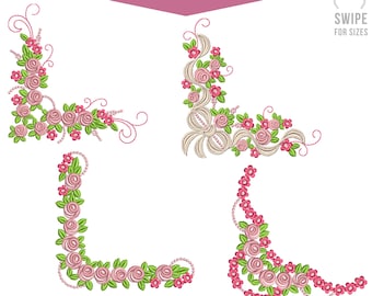 Rosen Ecken Stickdatei Set: Florale Ecken & Rahmen für Serviette, Handtuch, Tischdecke | Maschinenstickdatei in 2 Größen